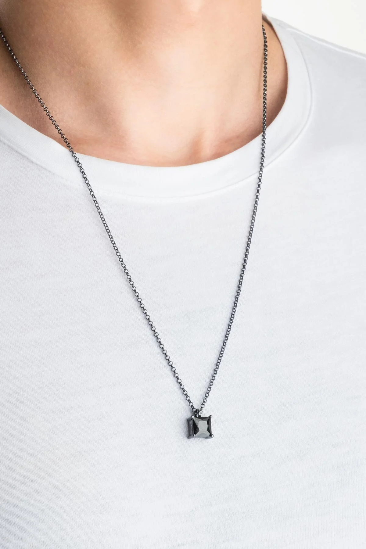 Zircon Stone Black Rhodium Plated 60 cm Silver Men's Necklace - Image 2