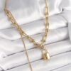 316L Stainless Steel Gold Color Women’s Necklace with Tiffany Chain Design, Lock Pendant, and Pearl Detail
