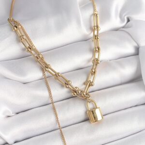 316L Stainless Steel Gold Color Women’s Necklace with Tiffany Chain Design, Lock Pendant, and Pearl Detail