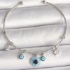 Silver Color Women’s Bracelet with Dangling Zircon Stone Evil Eye Figure Charm, Made of Brass