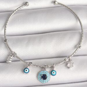Silver Color Women’s Bracelet with Dangling Zircon Stone Evil Eye Figure Charm, Made of Brass