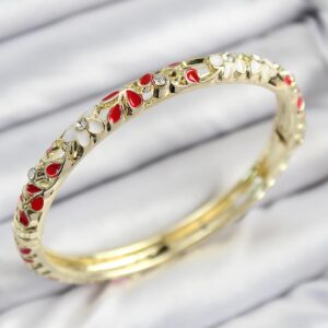 Gold Color Women’s Cuff Bracelet with Red Enamel Brass and Zircon Stone Flower Design
