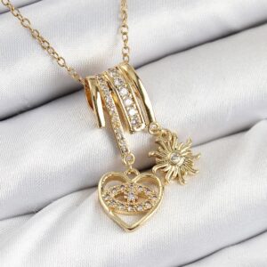 316L Stainless Steel Gold Color Women’s Necklace with Zircon Stone Dangling Heart and Sun Design
