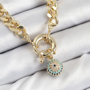 Gold Color Women’s Necklace with Brass, Zircon Stone, and Evil Eye Detail in Classic Chain Design