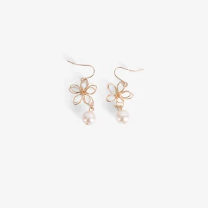 Pearl Detailed Flower Dangle Gold Earrings