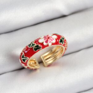 Adjustable Gold Color Women’s Ring with Brass Red Enamel Flower Design