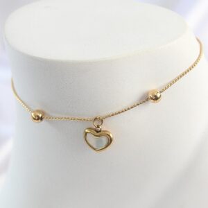 Stainless Steel Gold Color Women’s Anklet with Dangling Enamel Heart Figure and Beaded Detail